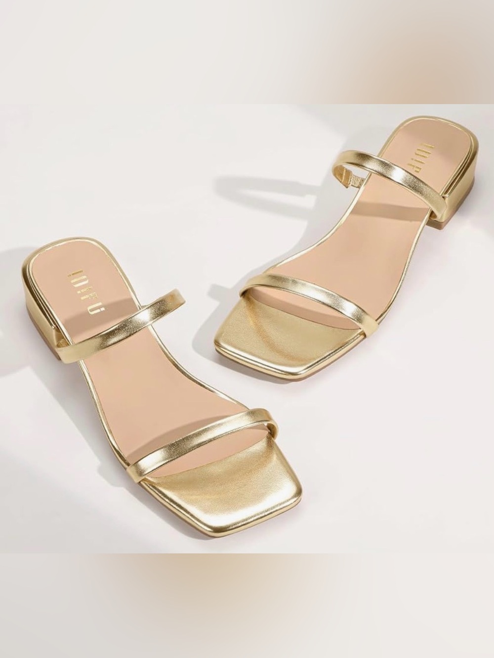 IDIFU Gold Double-Strap Square-Toe Heeled Sandals